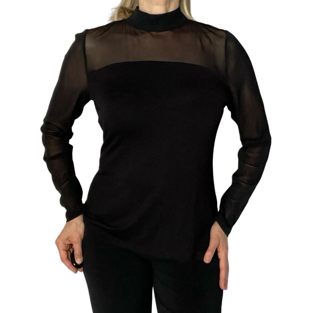 INC Black Sheer Turtleneck | Mesh Sleeves | Rhinestone Button | NWT | L